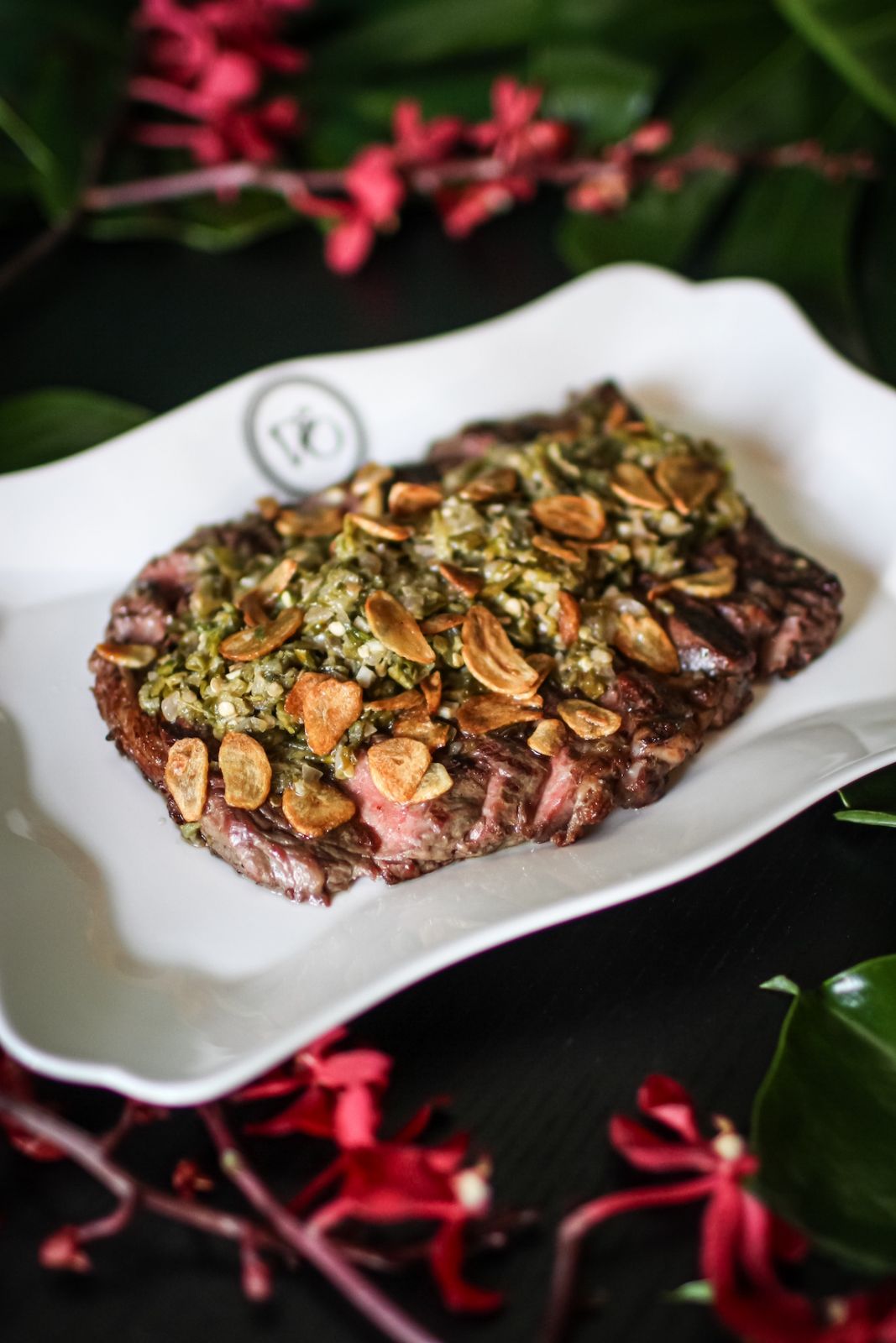 Daging panggang sambal hijau, grilled ribeye topped with fried garlic and green chilli sambal