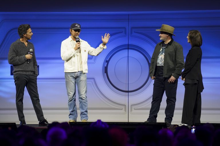 Shawn Levy, Ryan Gosling, Dave Filoni and Kathleen Kennedy are seen on The Mandalorian & Grogu at Celebration Stage during Star Wars Celebration Japan Day 1 (Photo: The Walk Disney Company)