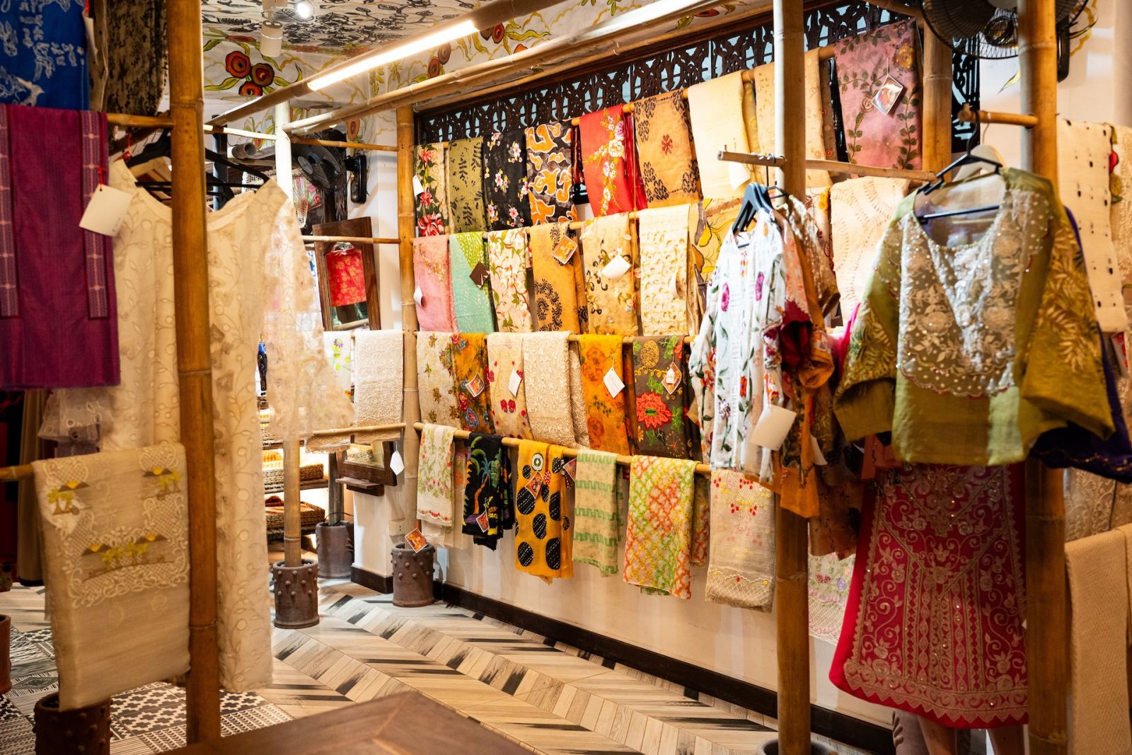 The textiles on display at the store in Patis Tesoro's Laguna home