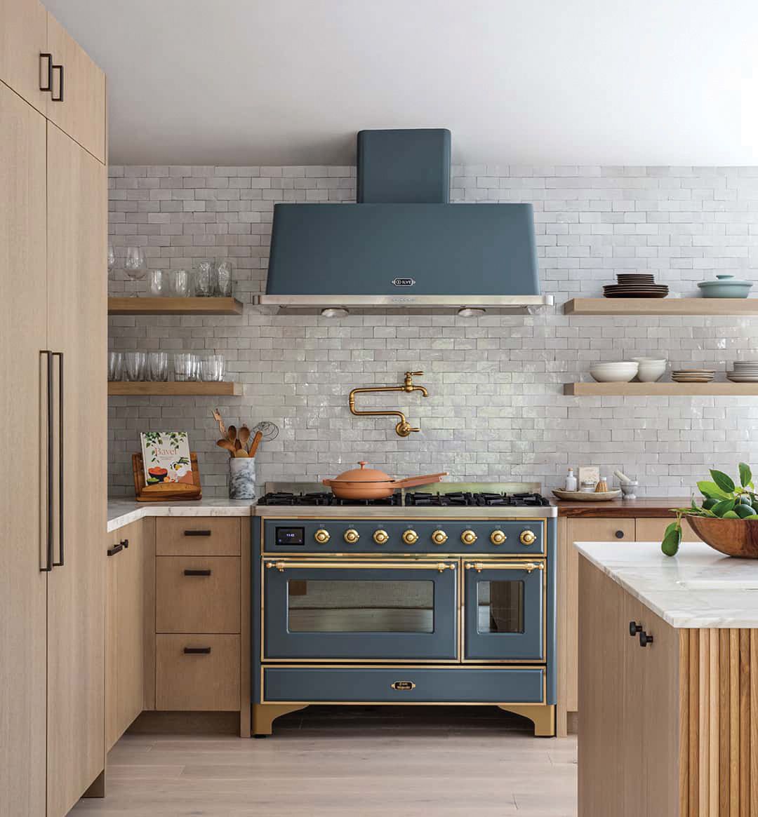 Blue and gray range with brass trim by ILVE for your kitchen interior