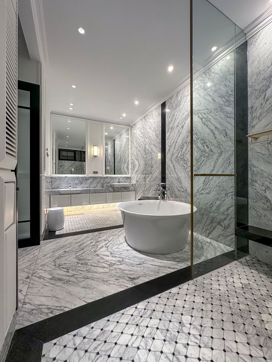 The landed home's spacious master bathroom