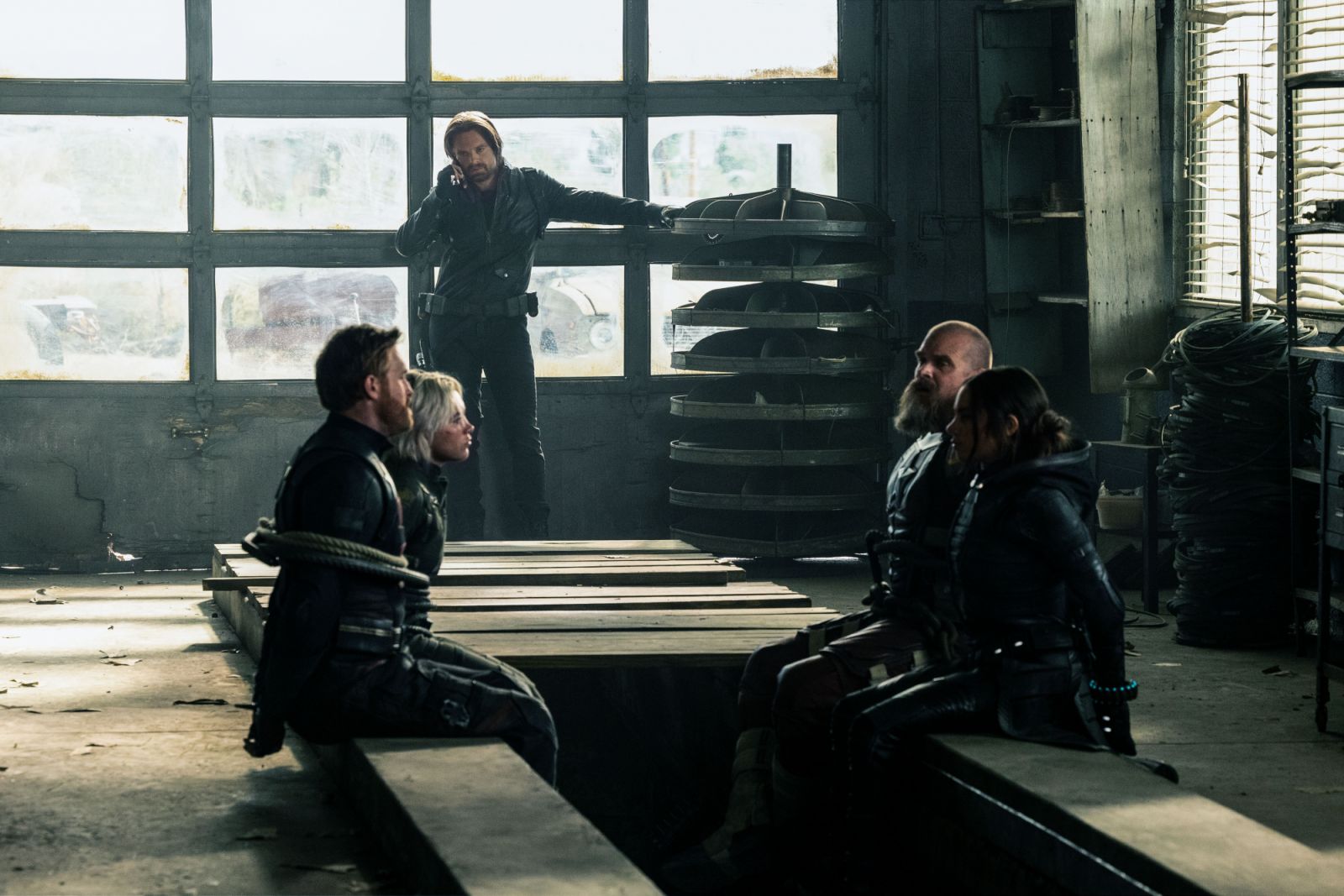 (L-R) John Walker (Wyatt Russell), Yelena Belova (Florence Pugh), Bucky Barnes (Sebastian Stan), Alexei Shostakov / Red Guardian (David Harbour), and Ghost (Hannah John-Kamen) in Marvel Studios' THUNDERBOLTS*. Photo by Chuck Zlotnick. © 2025 MARVEL.