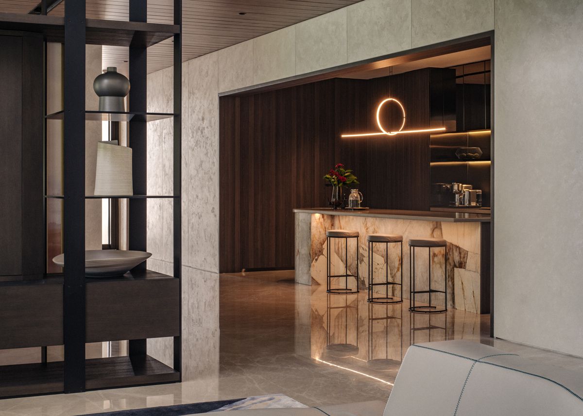 The stylish dry kitchen features a Flos Arrangements suspension light by Michael Anastassiades