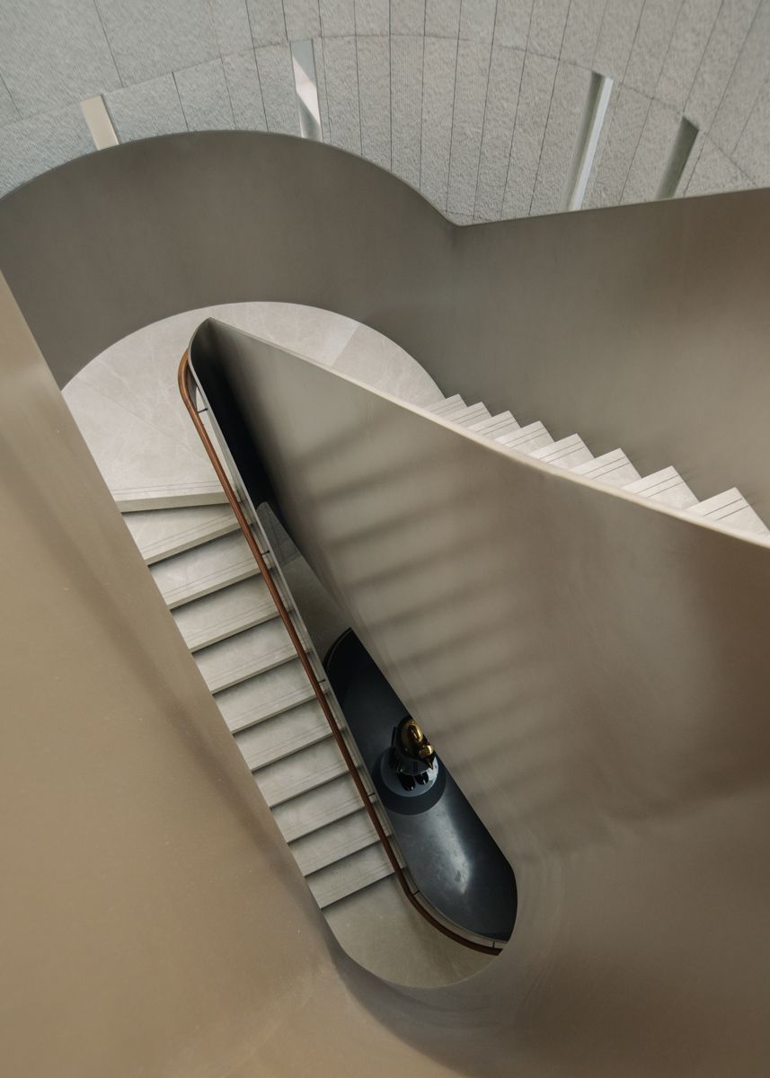 A bird’s-eye view of the sculptural staircase