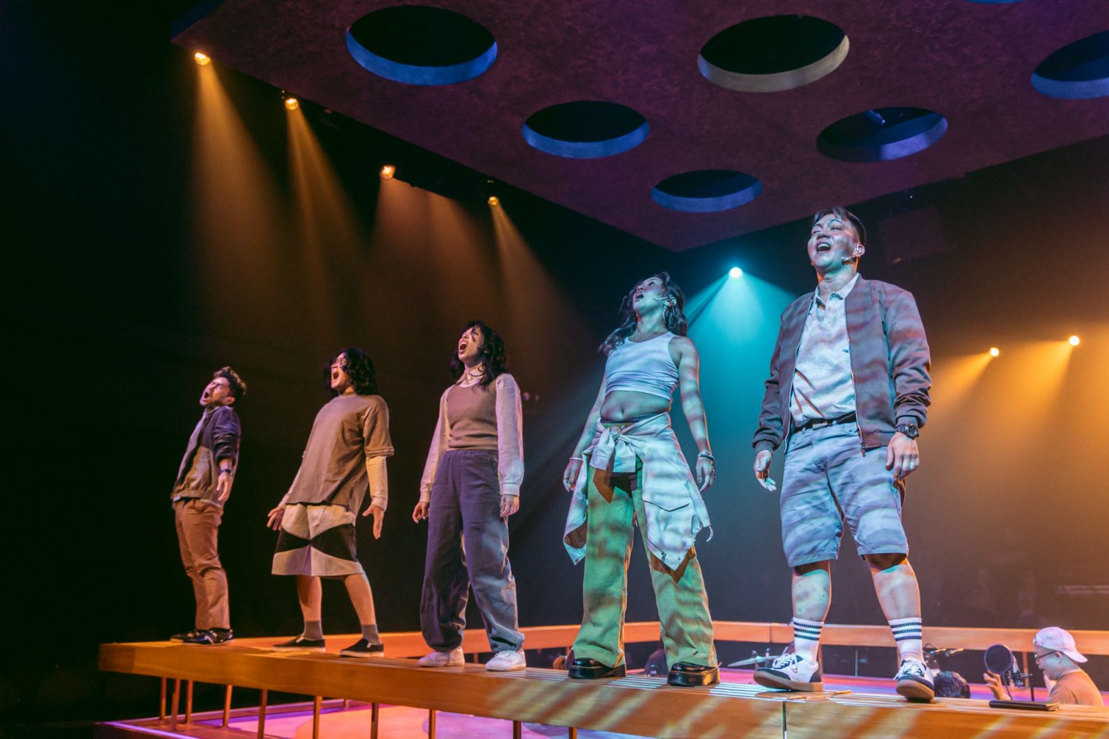 Myke Salomon, Luigi Quesada, Maronne Cruz, Gab Pangilinan and Gio Gahol for Barefoot Theatre Collaborative’s ‘We Aren’t Kids Anymore’ (Photo: CJ Ochoa; courtesy of Barefoot Theatre Collaborative)