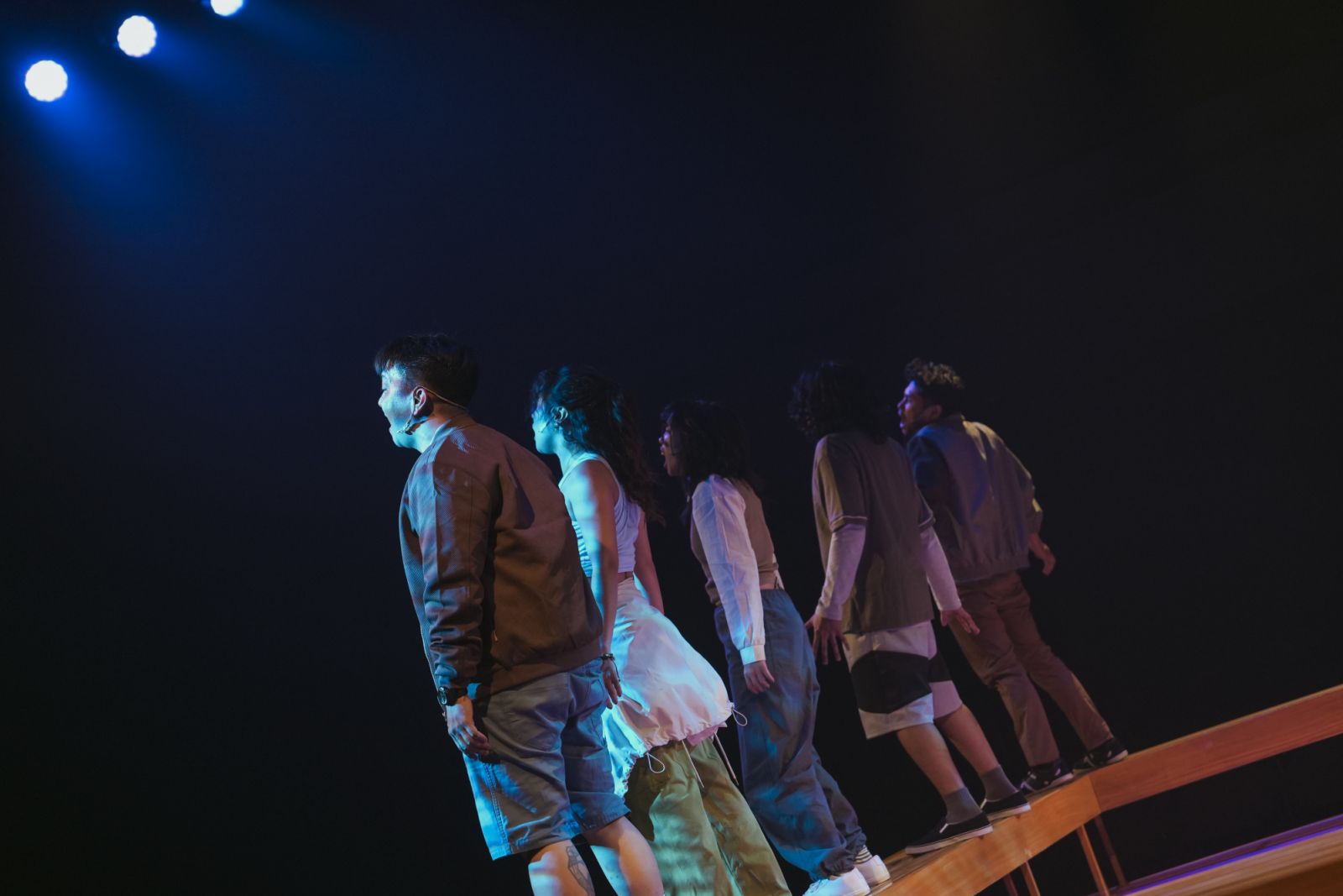 Myke Salomon, Luigi Quesada, Maronne Cruz, Gab Pangilinan and Gio Gahol for Barefoot Theatre Collaborative’s ‘We Aren’t Kids Anymore’ (Photo: Kris Rocha; courtesy of Barefoot Theatre Collaborative)