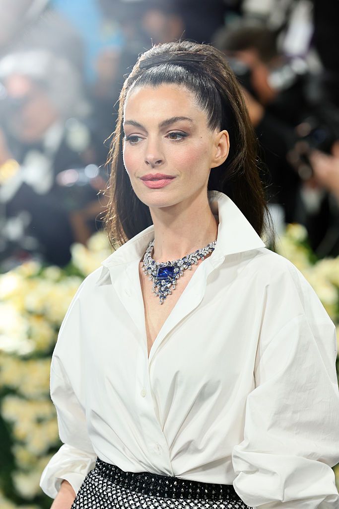 NEW YORK, NEW YORK - MAY 05: Anne Hathaway attends the 2025 Met Gala Celebrating "Superfine: Tailoring Black Style" at Metropolitan Museum of Art on May 05, 2025 in New York City. (Photo by Theo Wargo/FilmMagic)