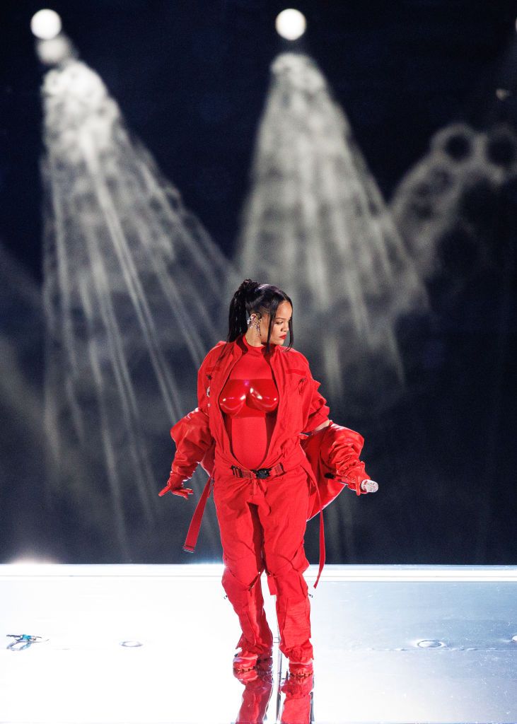 GLENDALE, AZ - FEBRUARY 12: Rihanna performs at halftime during Super Bowl LVII between the Philadelphia Eagles and the Kansas City Chiefs on Sunday, February 12th, 2023 at State Farm Stadium in Glendale, AZ. (Photo by Adam Bow/Icon Sportswire via Getty Images)