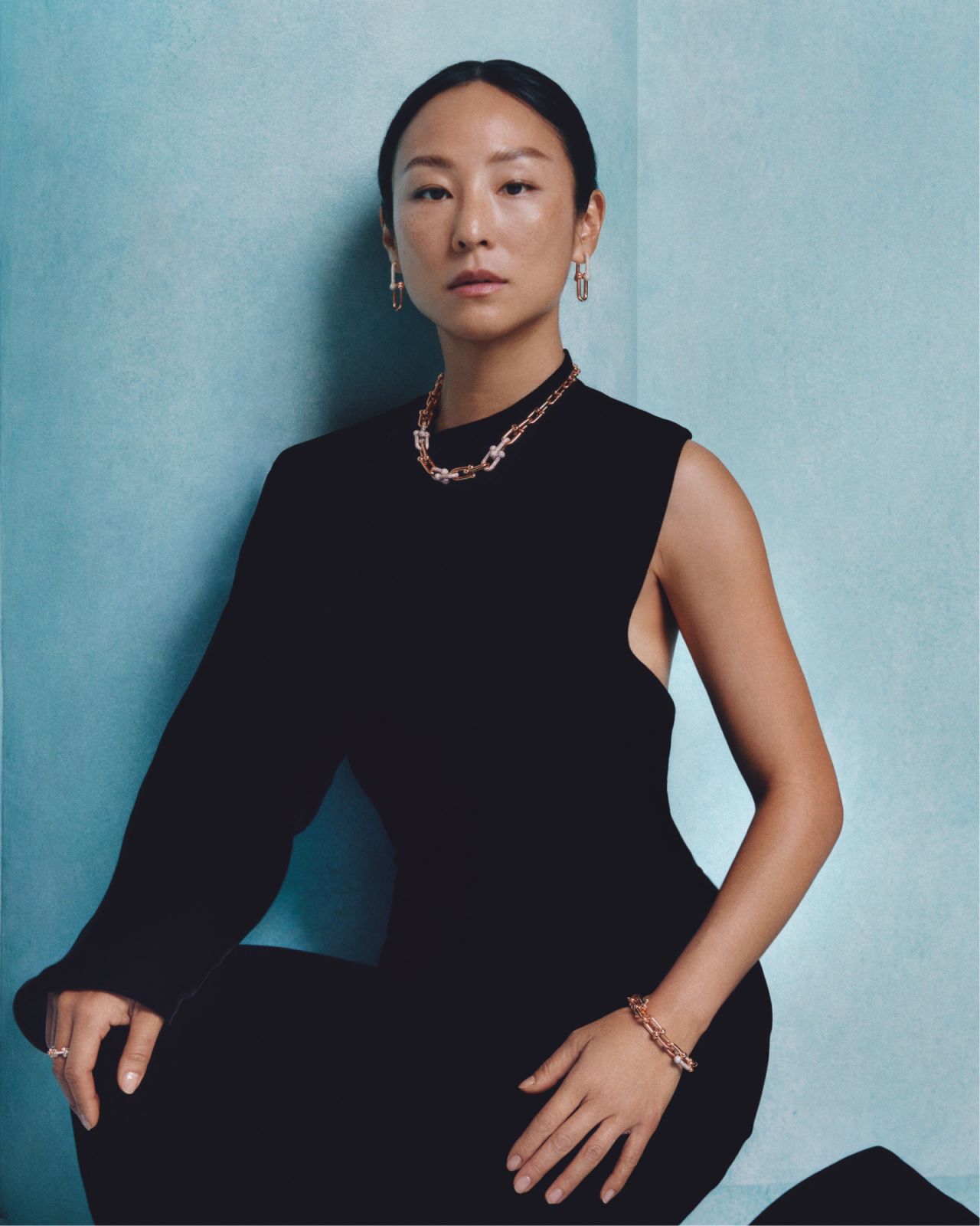 Actress Greta Lee wears pavé diamond and gold Hardwear by Tiffany pieces (Photo: Tiffany & Co.)