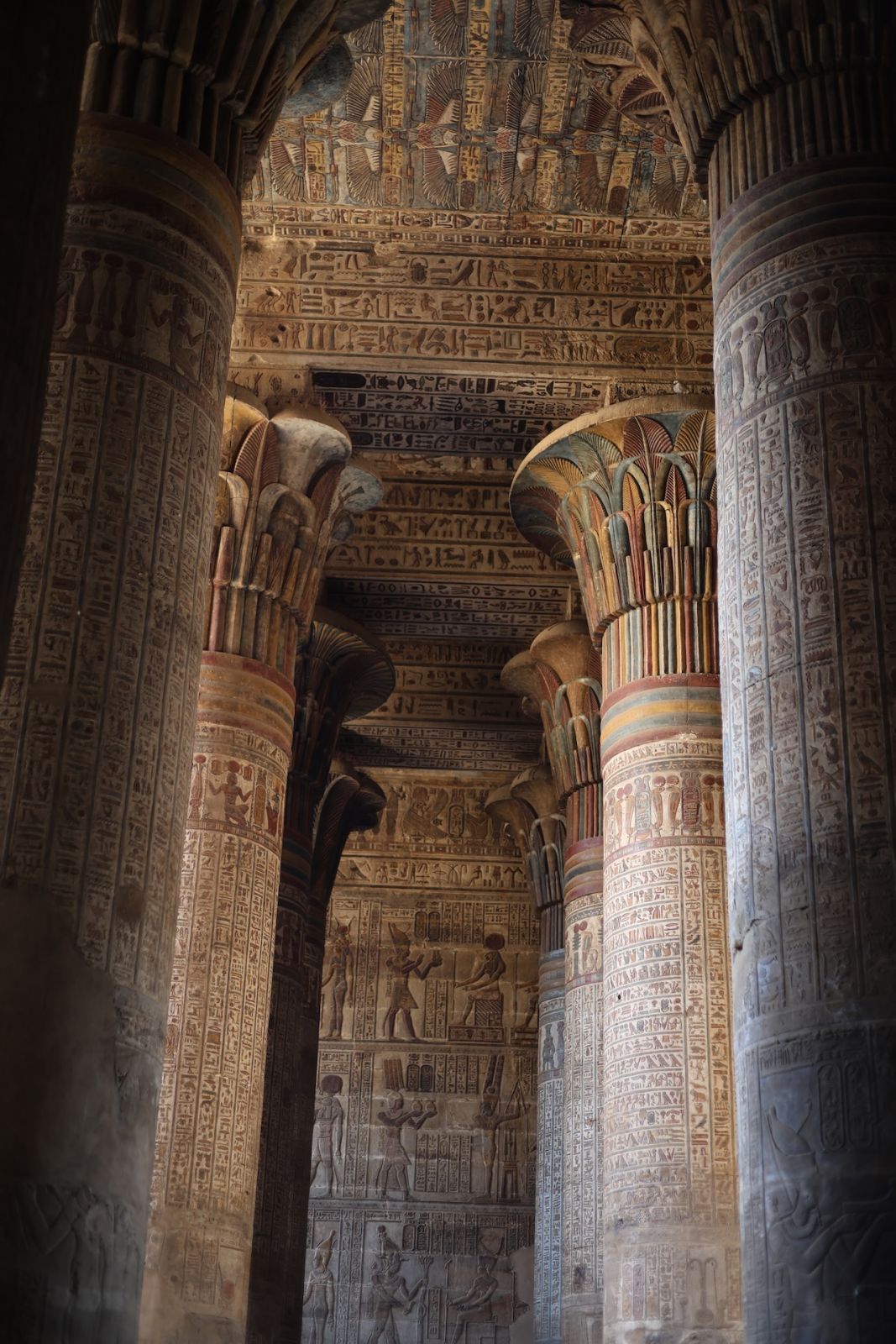 The distinctive hieroglyphics on Ancient Egyptian architecture