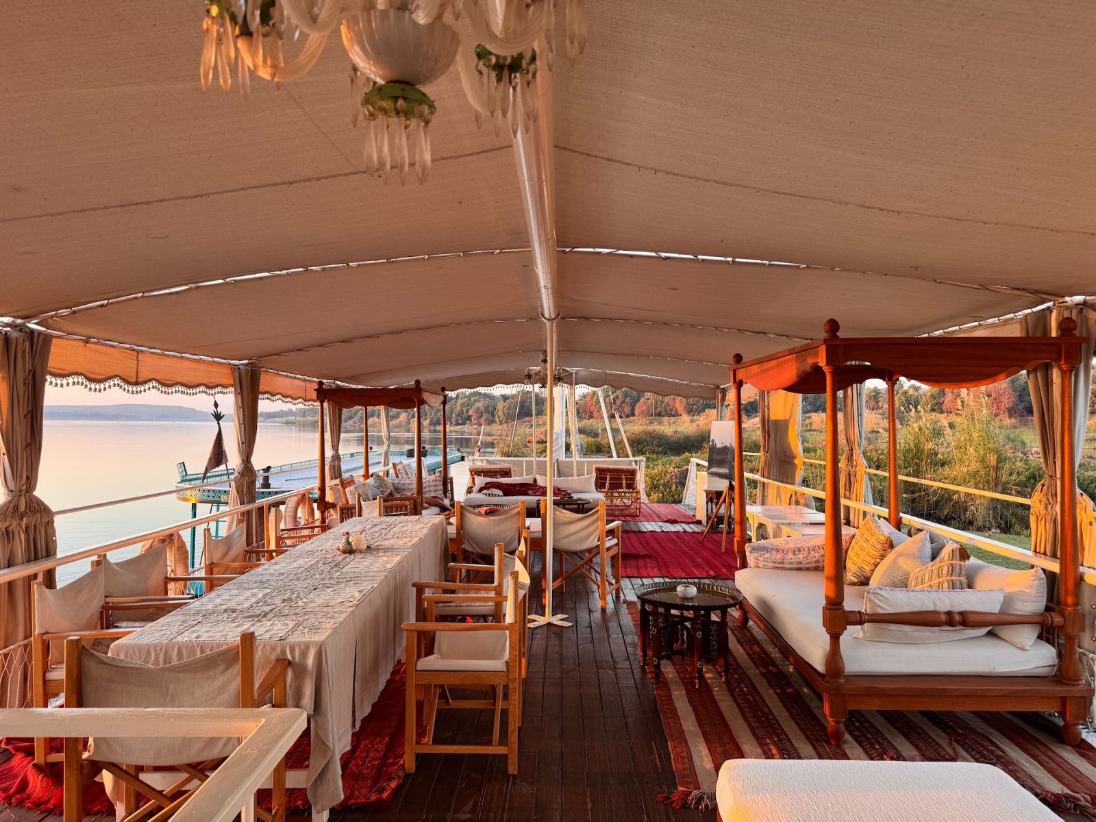 The upper deck of Set Nefru is where most meals are served, as you sail on the Nile