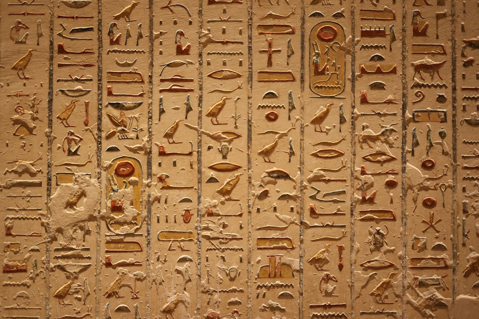 The distinctive hieroglyphics on Ancient Egyptian architecture