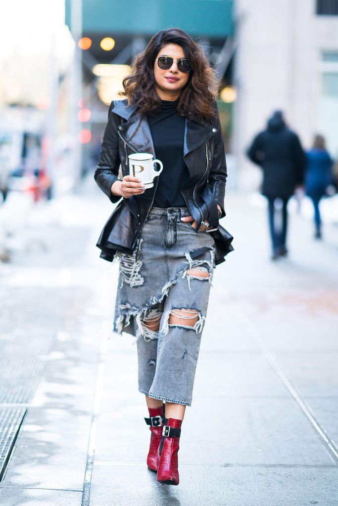 NEW YORK, NY - JANUARY 09: Priyanka Chopra seen wearing a McQueen jacket, Fleur de Mal shirt, R13 jeans and Rag & Bone shoes in Tribecca on January 9, 2018 in New York City. (Photo by Gotham/Getty Images)