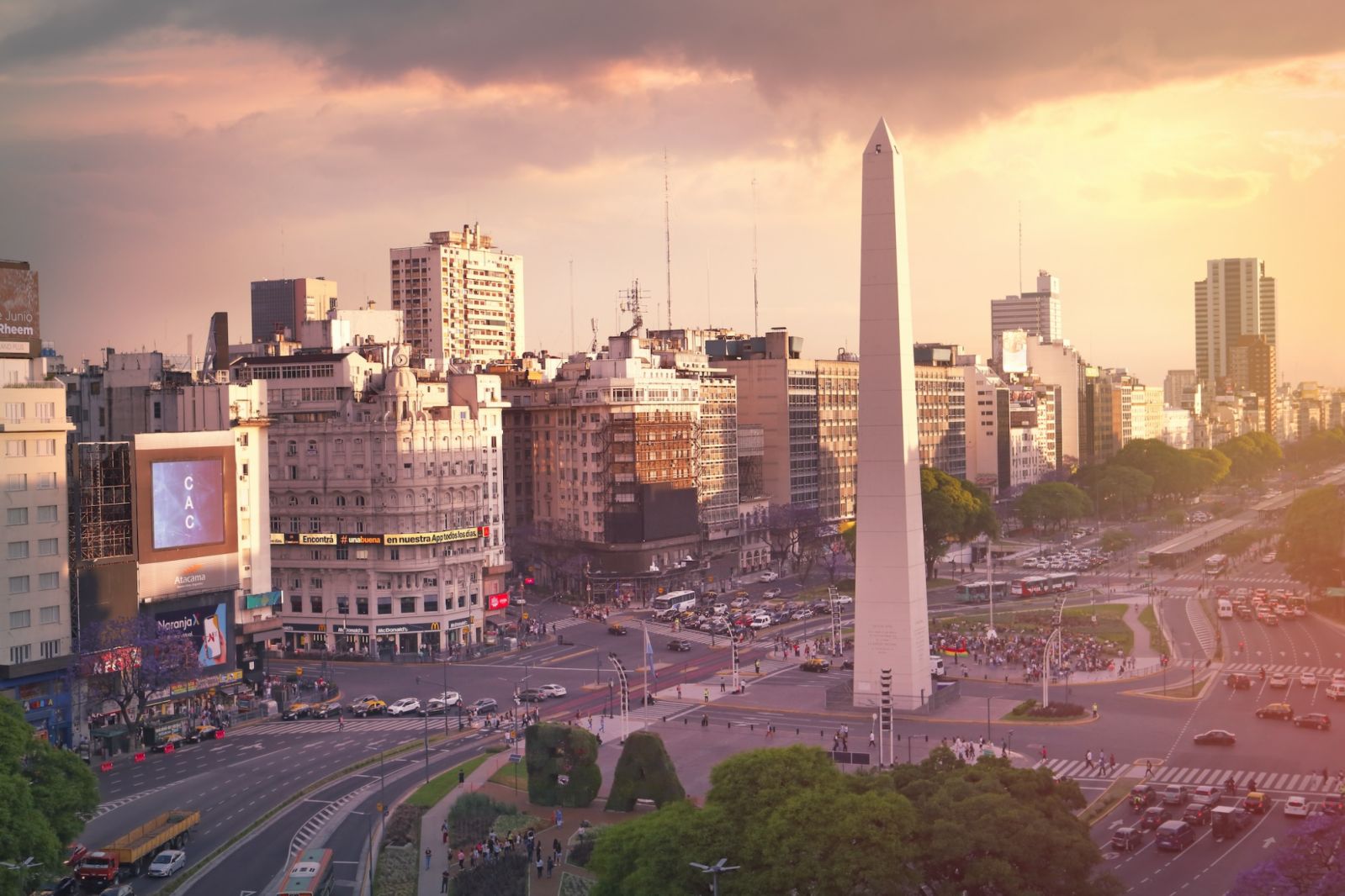 Obelisk of Buenos Aires and Plaza de la República and 9 de Julio Avenue in sunset light