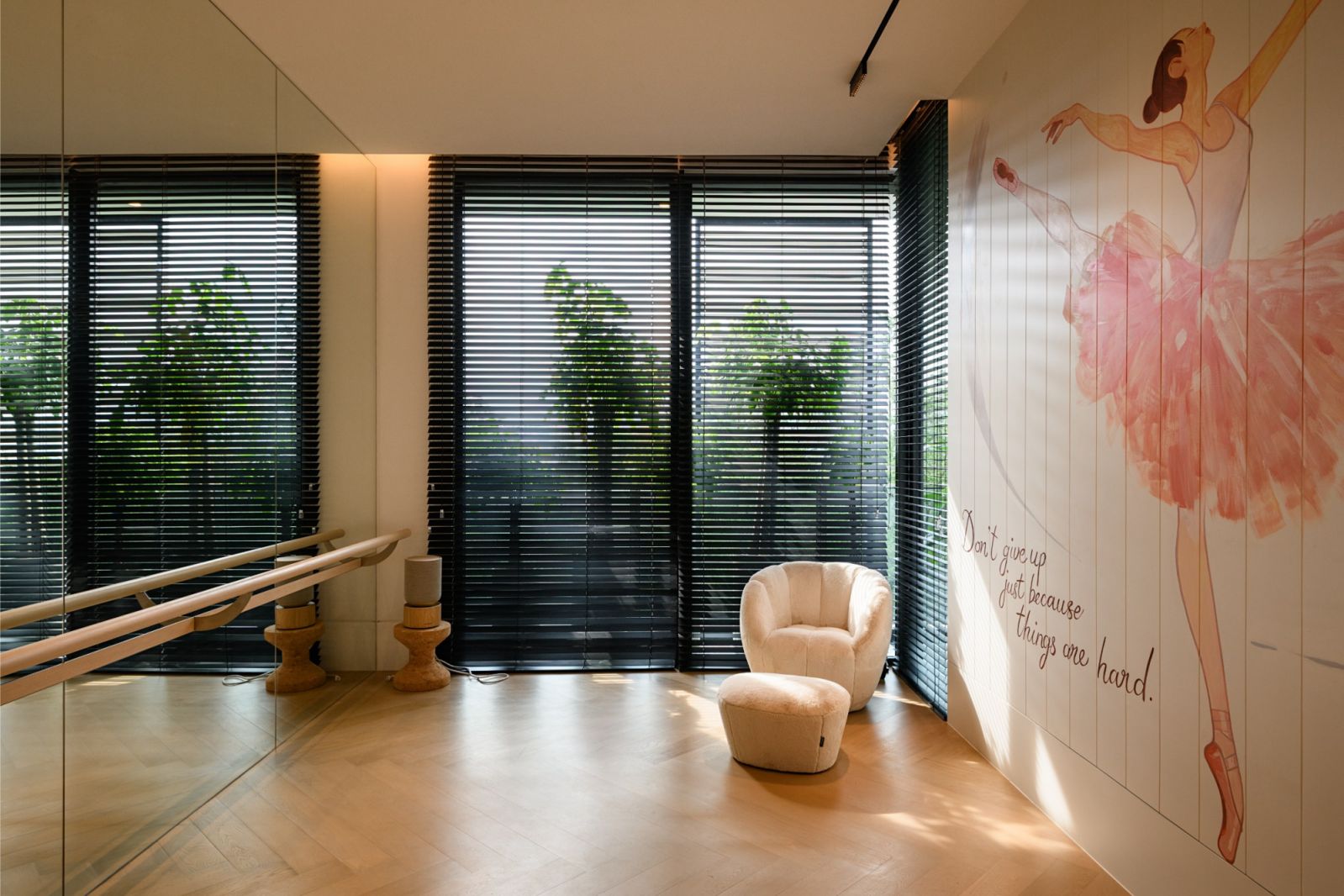 Ballet room with custom mural depicting the daughter dancing, complete with inspirational text in this personalized Damansara Heights home