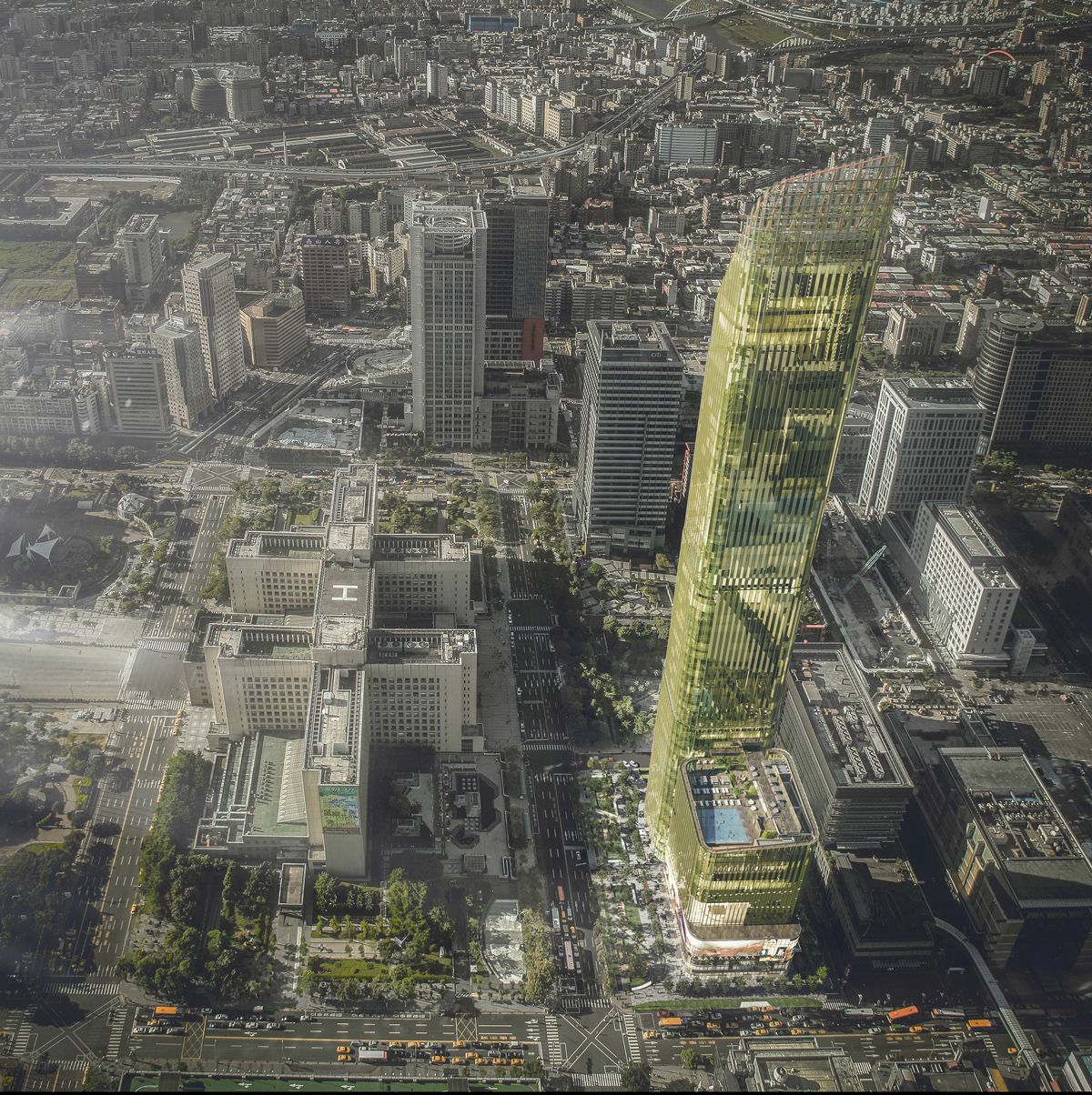A bird’s-eye view of The Sky Taipei, a shimmering jade tower that redefines urban hospitality with two luxury hotels, lifestyle amenities, and a landmark presence in the city skyline
