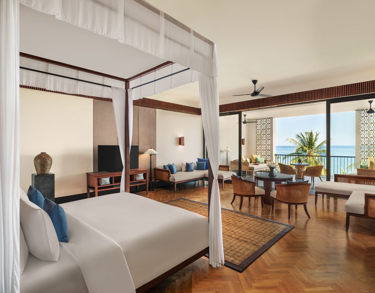 A guest suite at The Sira on Lombok pairs sweeping sea views with finely crafted details—from handwoven tenun ikat to carved teak latticework