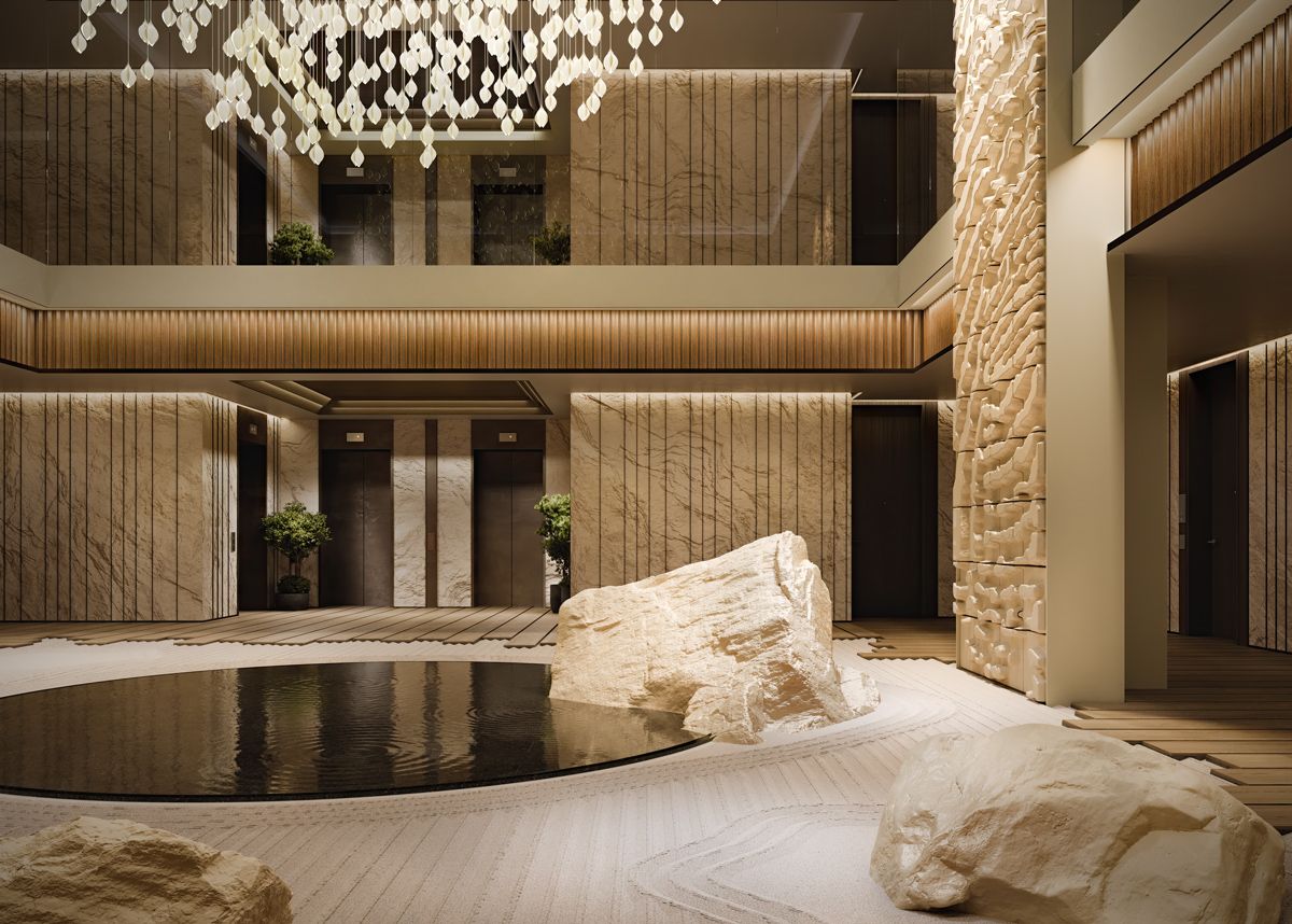 A render of the 12th-floor atrium at Aman Nai Lert Bangkok reveals Jean-Michel Gathy’s serene design language