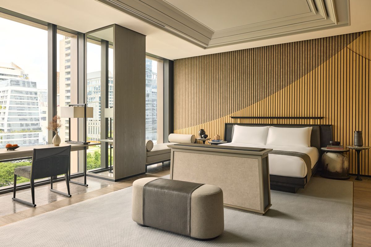 The mock-up suite at Aman Nai Lert Bangkok reflects the brand’s refined approach to sustainability, combining Thai artisanal craft with serene luxury in one of the Global South’s most dynamic urban centres