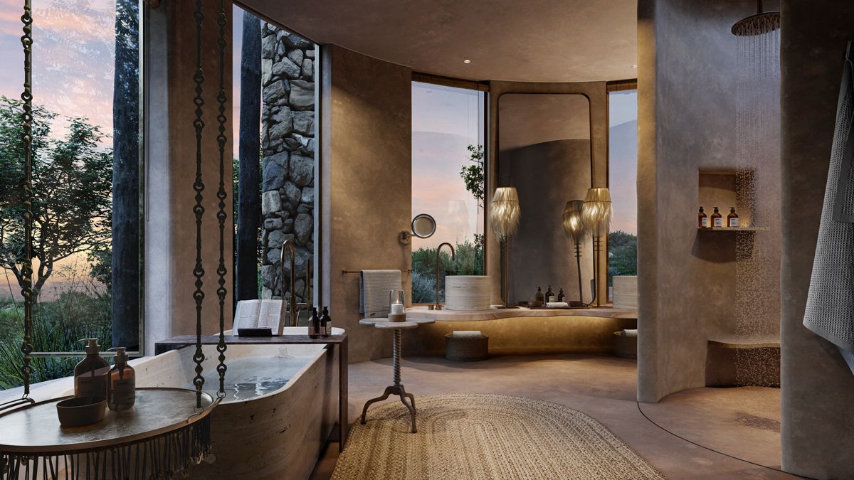 The bathroom of a guest suite at andBeyond Suyian Lodge in Kenya features sculptural natural materials and local craftsmanship