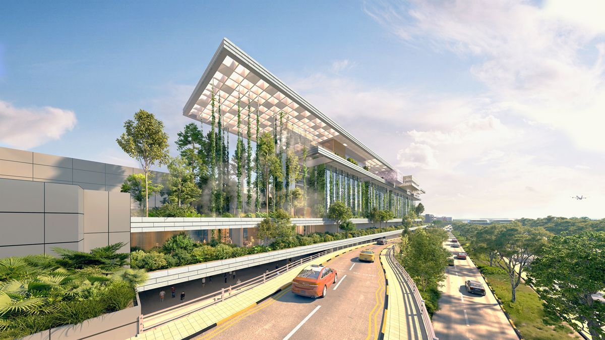 The exterior rendering of the Indigo Hotel Changi Airport by Woha Architects illustrates a floating forest concept that redefines zero-energy hospitality in the Global South