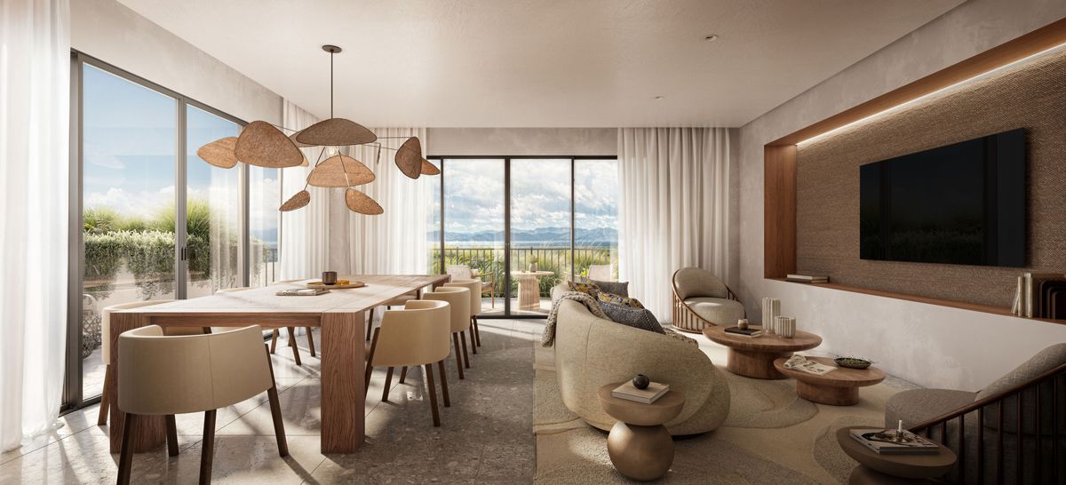 The living area of a suite at Waldorf Astoria Punta Cacique in Costa Rica evokes barefoot luxury with its seamless connection to nature