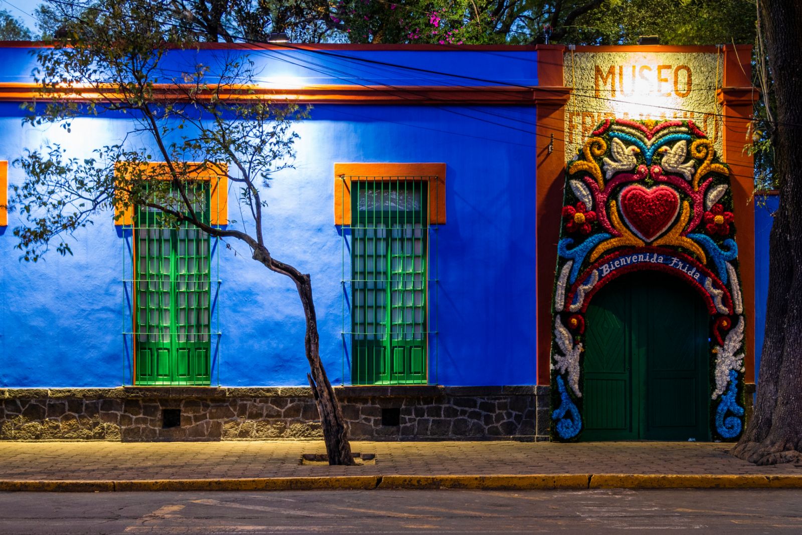 Mexico City, Mexico - January 23, 2019: Wall by the entrance of the Blue House (La Casa Azul), a historic house and art museum dedicated to the life and work of Mexican artist Frida Kahlo.