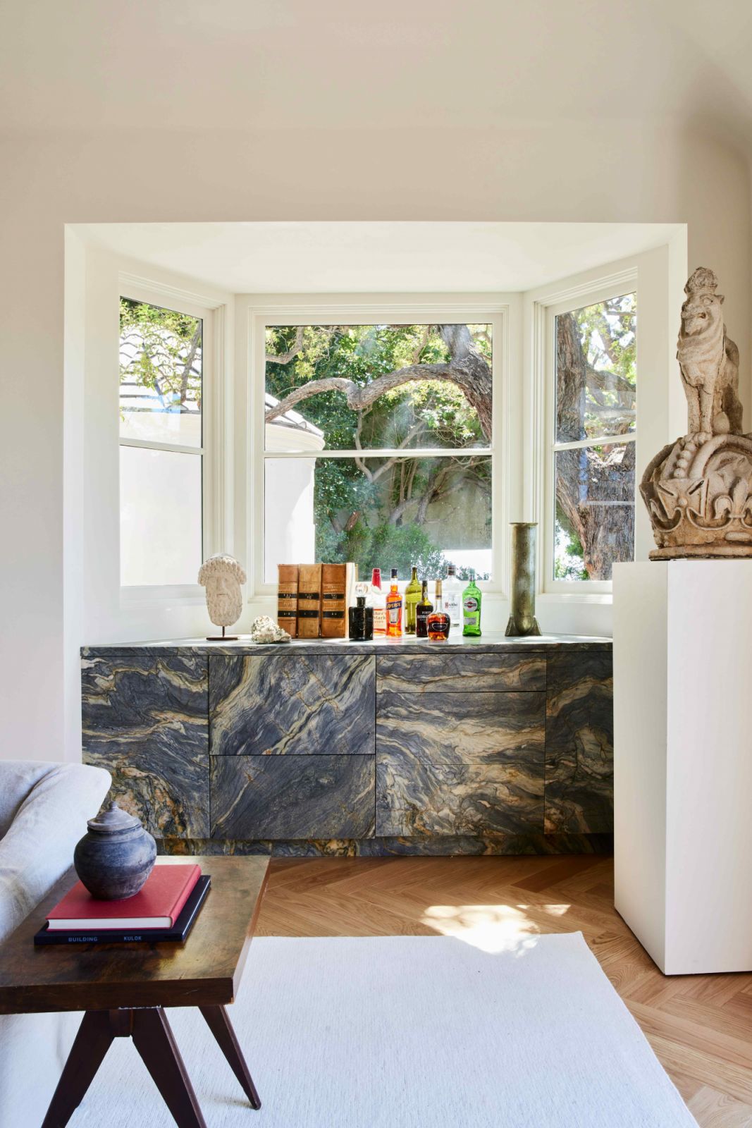 A brushed fusion blue marble built-in bar counter for sophisticated entertaining