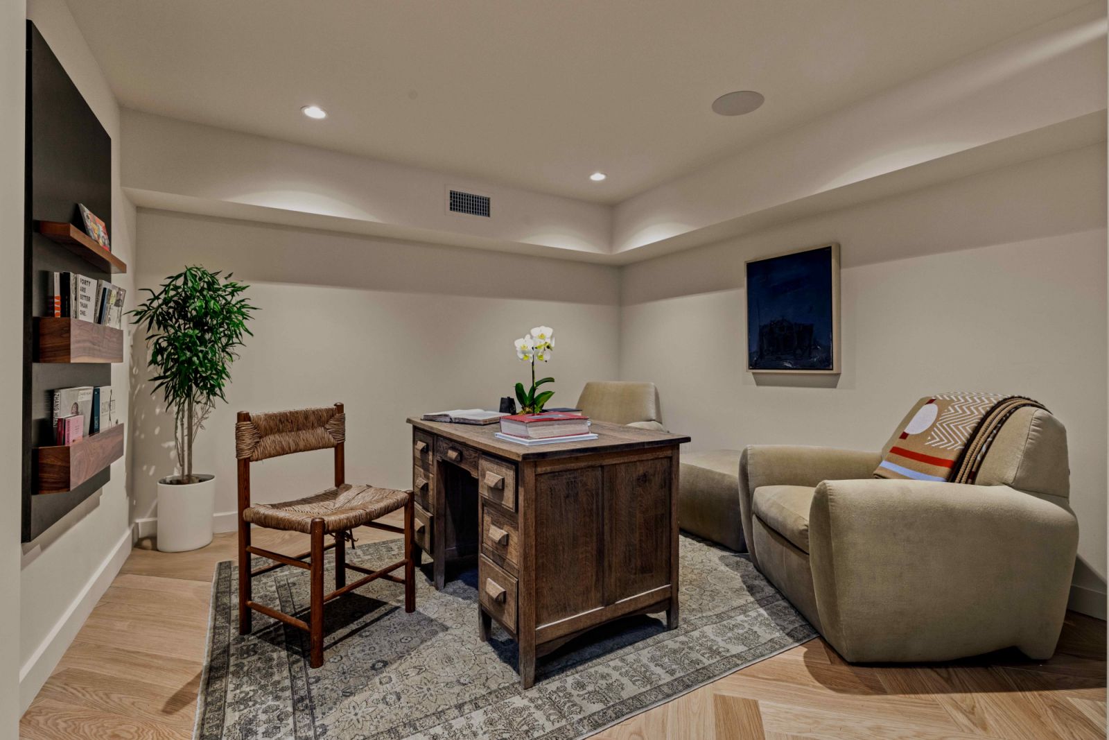 Thoughtful curation in the office space with a 19th-century aged Japanese desk