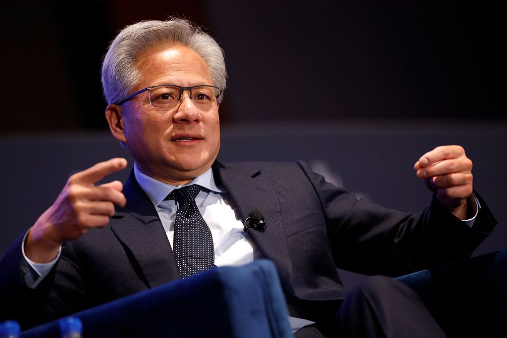 WASHINGTON, DC - APRIL 30: President and CEO of Nvidia Jensen Huang speaks on AI at the return of American manufacturing at the Hill and Valley Forum at the U.S. Capitol on April 30, 2025 in Washington, DC. The Hill and Valley Forum brings together lawmakers, tech CEOs, and venture capitalists to discuss technology and national security. (Photo by Kevin Dietsch/Getty Images)