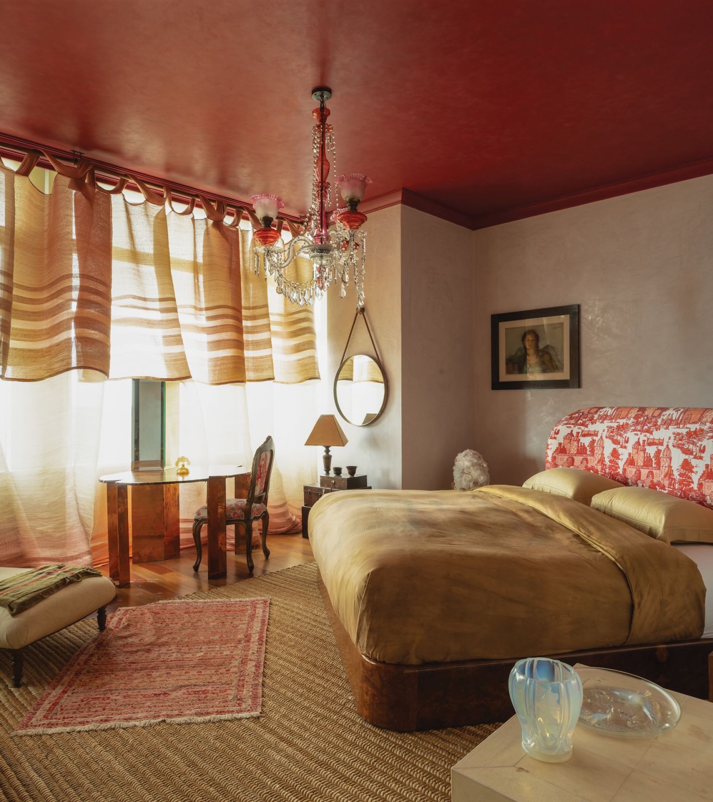 Yola Johnson's bedroom in pink hues is complemented by a red ceiling