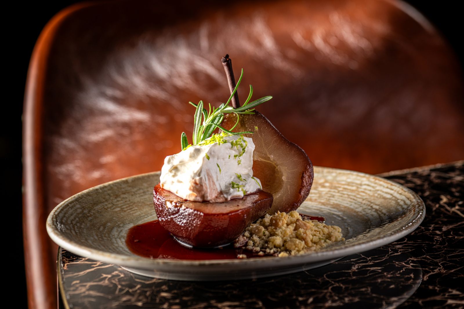 Poached Packham Pear with Hazelnut Crumbs & Smoked Vanilla Mascarpone (Image: Sol)