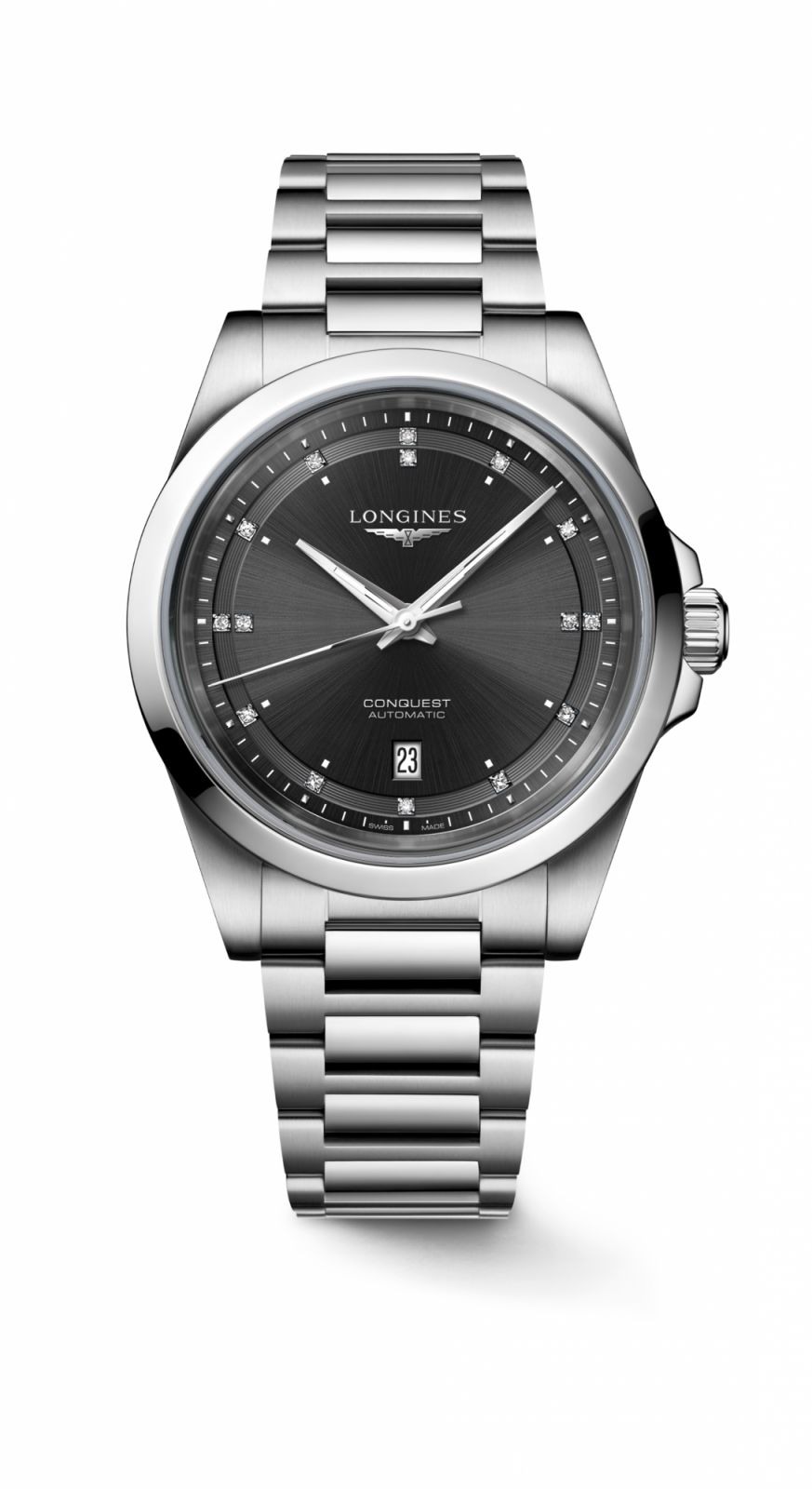 Longines Conquest with black sunray dial and steel bracelet