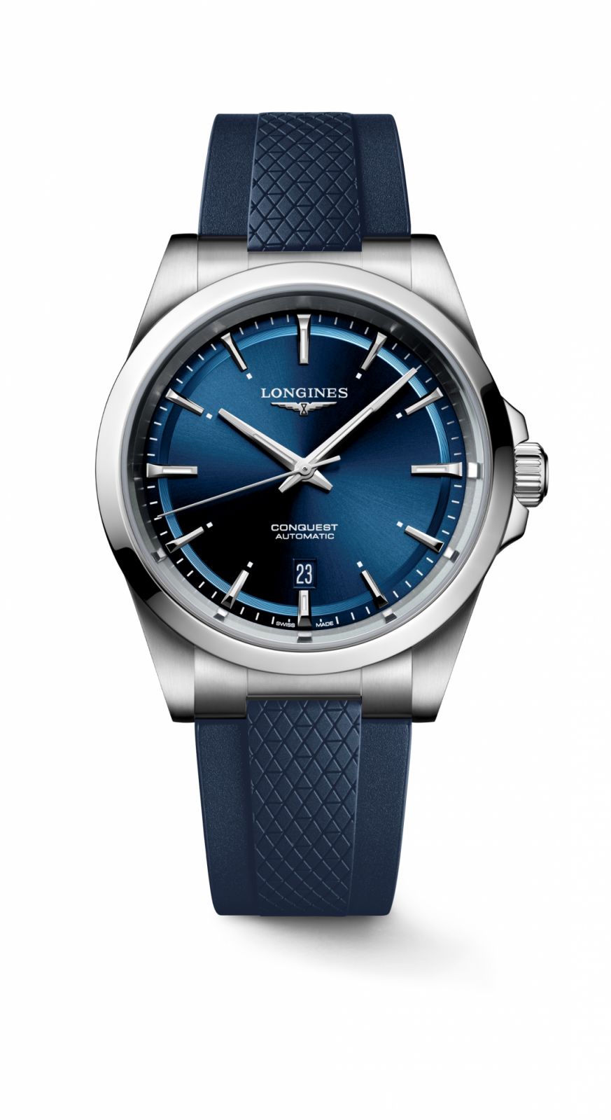 Longines Conquest wuth blue sunray dial and blue rubber strap