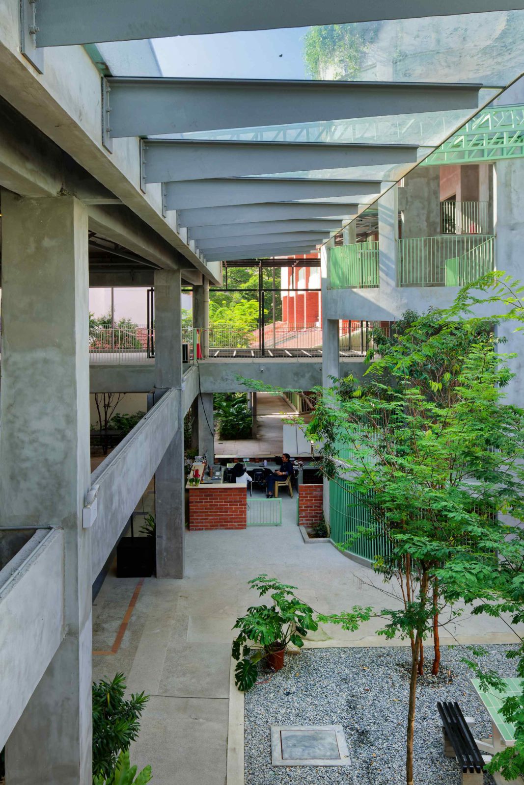 Exposed concrete elements were restored rather than clad