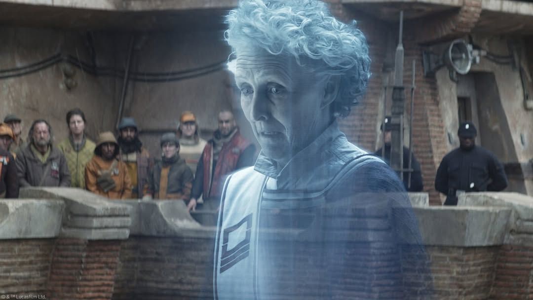 Maarva Andor (Fiona Shaw) galvanising the people of Ferrix against the Empire (Photo: Lucasfilm)