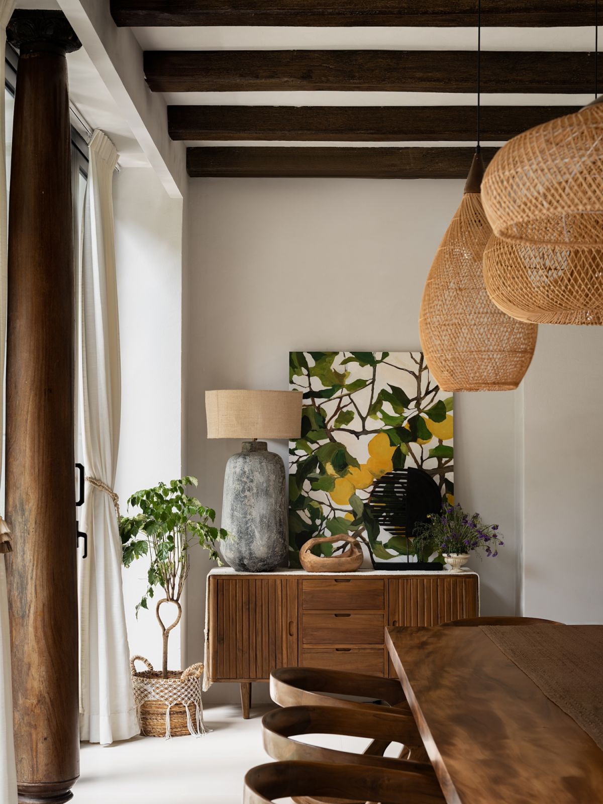 What appears to be solid timber beams are actually high density, low-VOC polyurethane foam with meticulous paint finishing