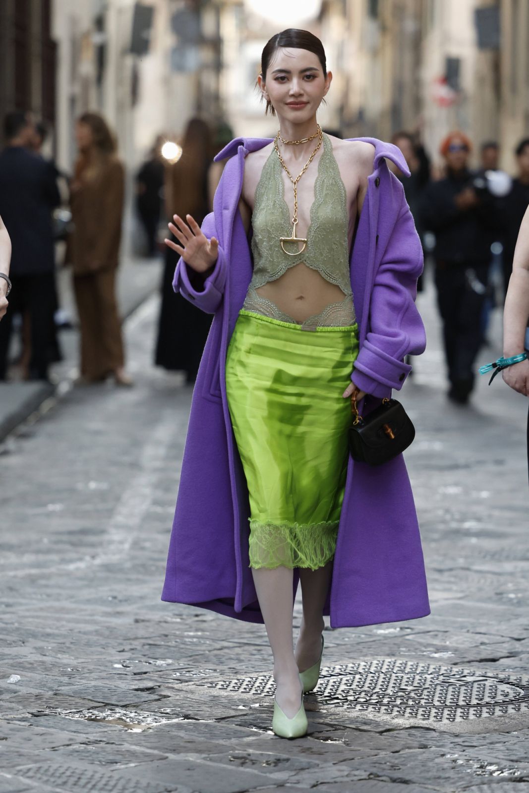 FLORENCE, ITALY - MAY 15: Davika Hoorne is seen arriving at the Gucci Cruise 2026 fashion show at Gucci Archive on May 15, 2025 in Florence, Italy. (Photo by Claudio Lavenia/Getty Images for Gucci)