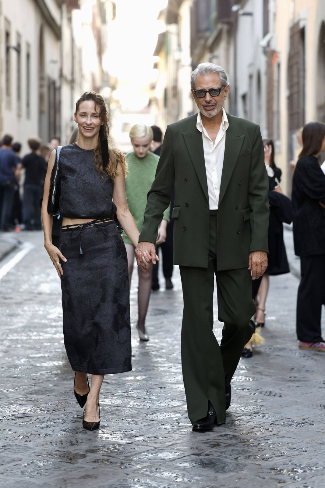 FLORENCE, ITALY - MAY 15: Emilie Livingston and Jeff Goldblum are seen arriving at the Gucci Cruise 2026 fashion show at Gucci Archive on May 15, 2025 in Florence, Italy. (Photo by Claudio Lavenia/Getty Images for Gucci)