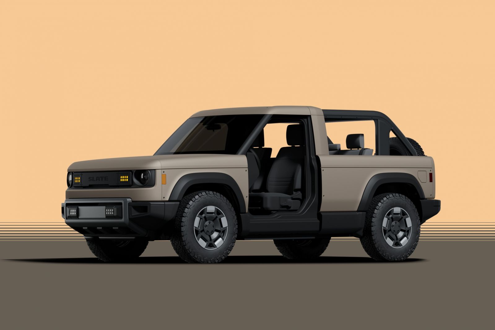 With removable door and roof panels, the Slate can be configured to be an open-top 5-seater SUV (Photo: Slate Auto)