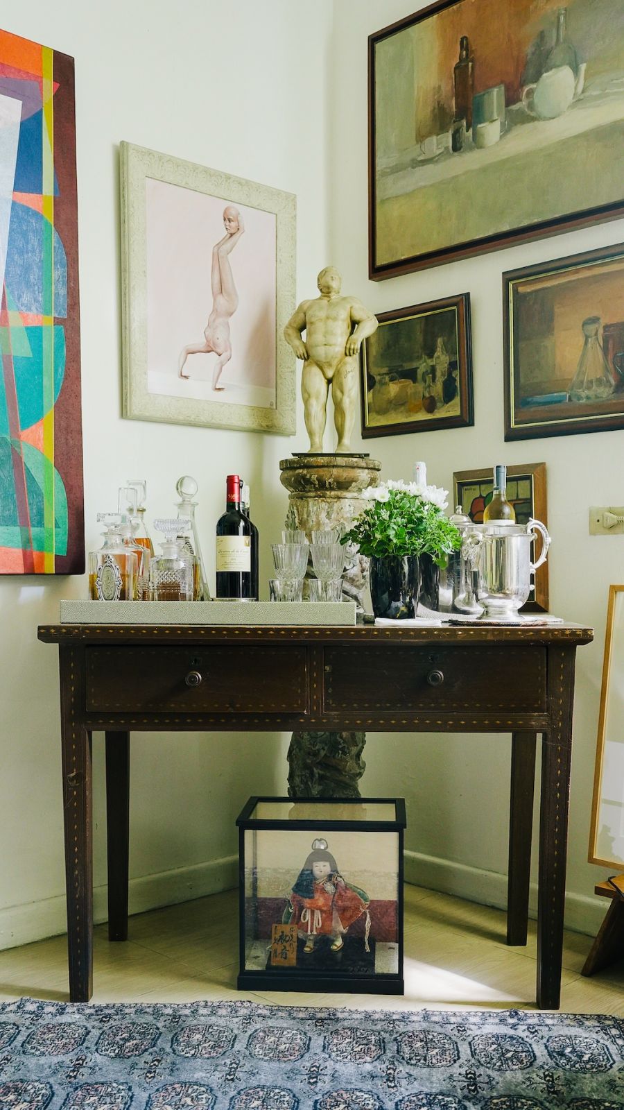 A bar vignette of drinks served at the Hagedorn home
