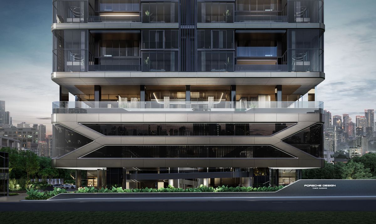 The X-shape front facade of Porsche Design Tower Bangkok features a unique suspension system with the same mechanical principle used by Porsche cars (Photo: Porsche)
