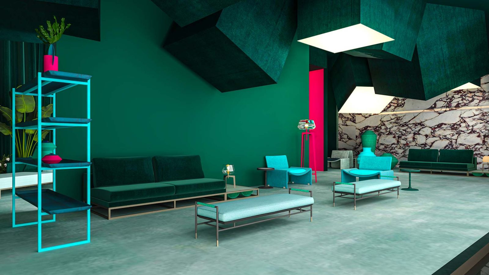 Aston Martin at Salone del Mobile 2023 with Formitalia reinterprets the carmaker’s iconic green blended with light blue, fuchsia and gold (Photo: Formitalia)