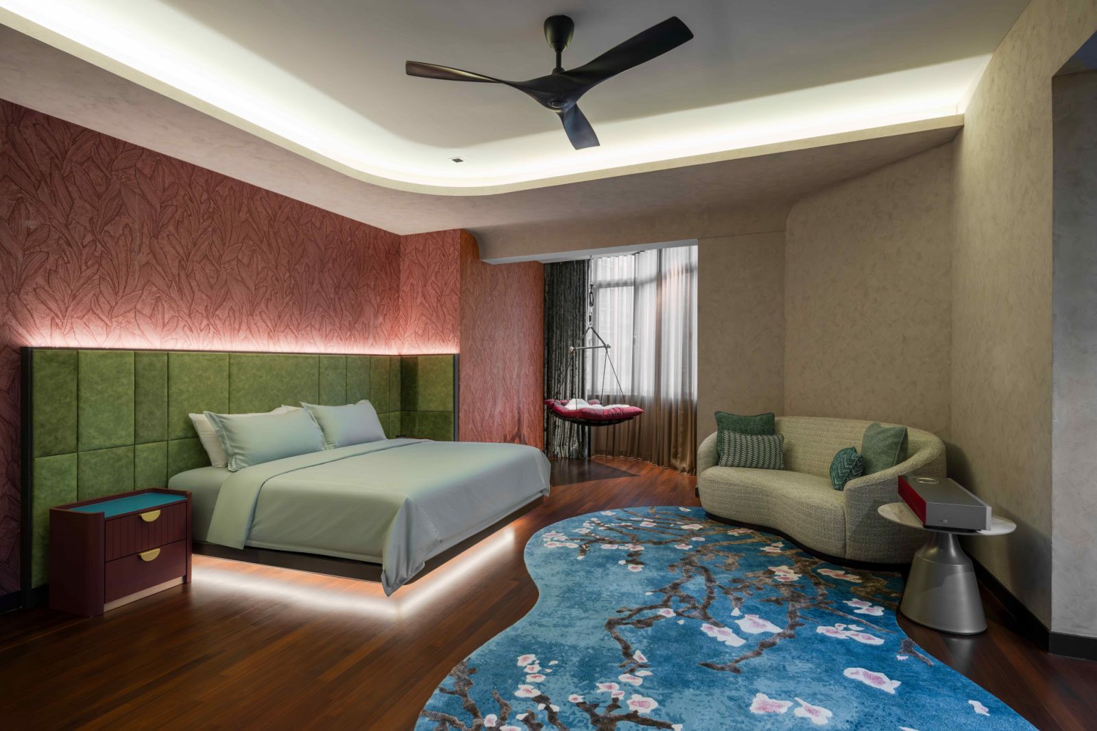 The master suite features a custom Van Gogh-inspired hand-tufted rug