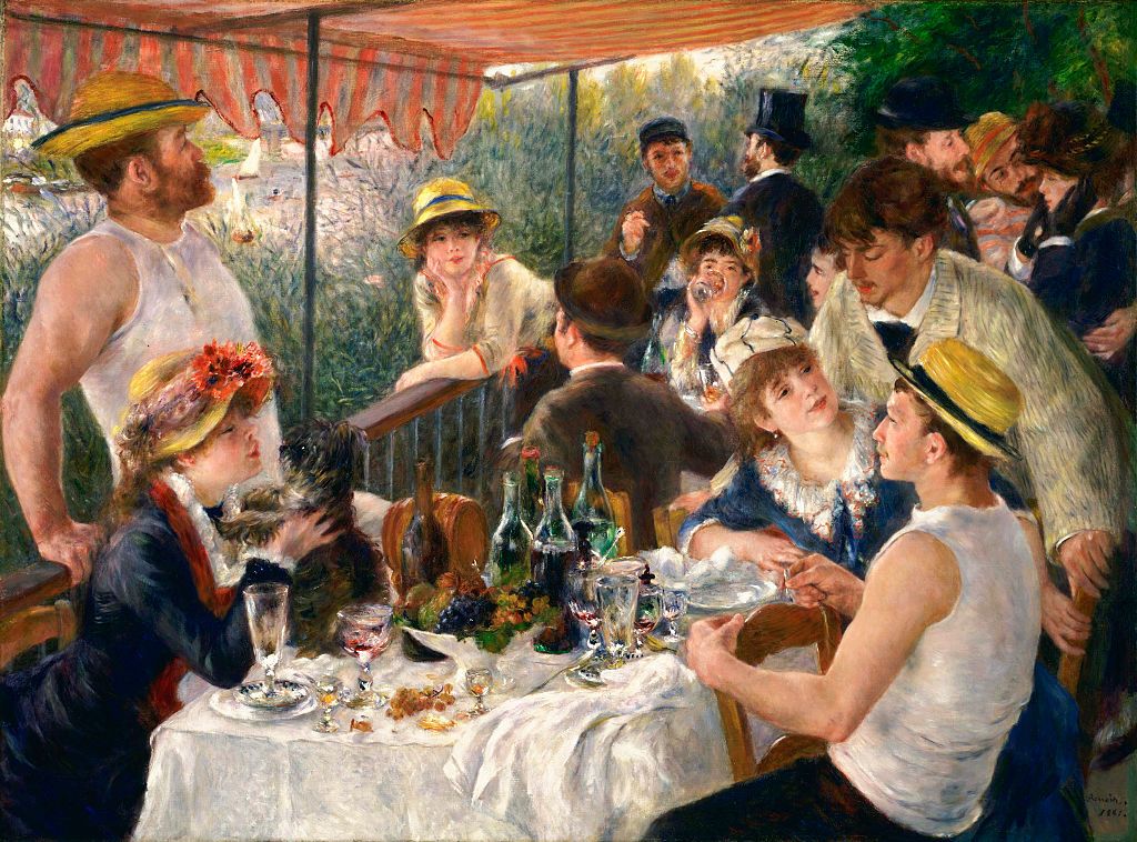 1880-81, oil on canvas. Located in: Phillips Collection, Washington, DC. In the mid-1870s, Pierre-Auguste Renoir (1841-1919) frequented the Maison Fournaise, a riverside retreat at Chatou on the Seine offering boat rentals, a restaurant, and a hotel for visitors. This diverse gathering shows a group of Renoir's friends and colleagues assembled on the balcony overlooking the river. (Photo by VCG Wilson/Corbis via Getty Images)