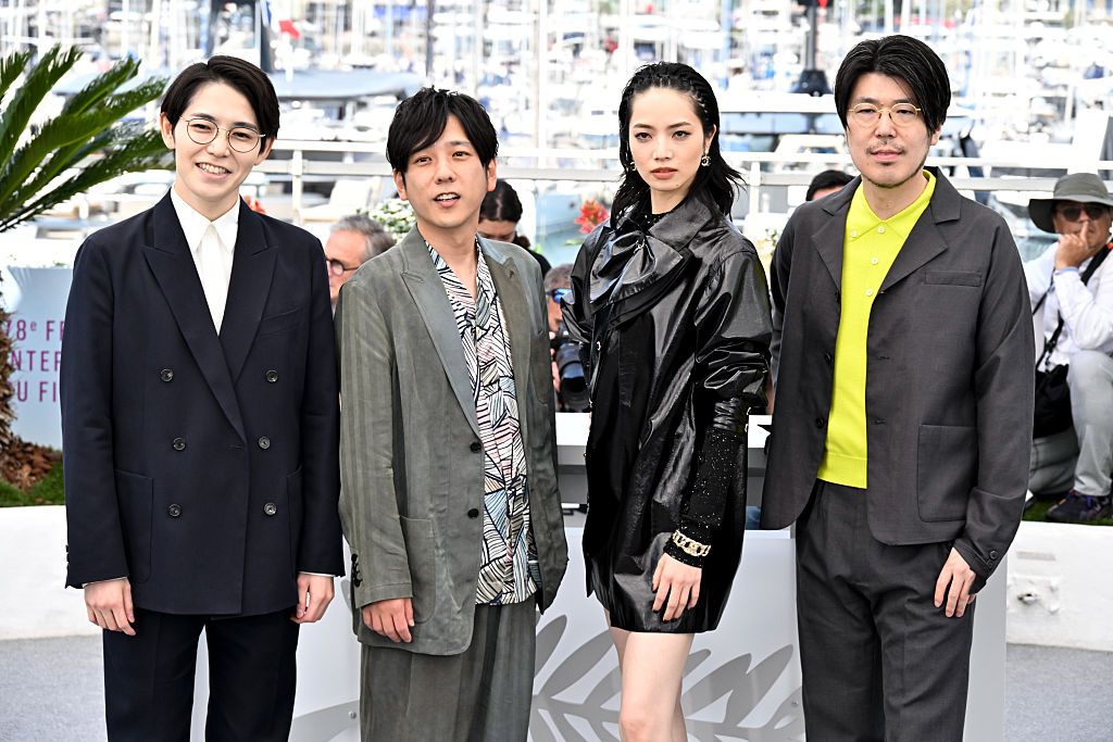 Hirase Kentaro, Kazunari Ninomiya, Nana Komatsu, Genki Kawamura at "EXIT 8" Photocall - The 78th Cannes Film Festival at Palais des Festivals on May 19, 2025 in Cannes, France. (Photo by Earl Gibson III/Deadline via Getty Images)