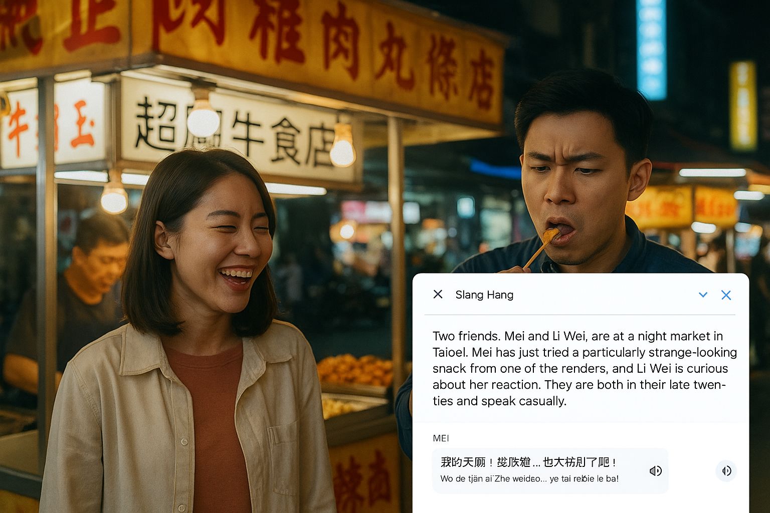 Slang Hang generates full conversations between two characters, allowing users to follow along by listening to the way languages are used more naturally by native speakers (Image: ChatGPT generated)