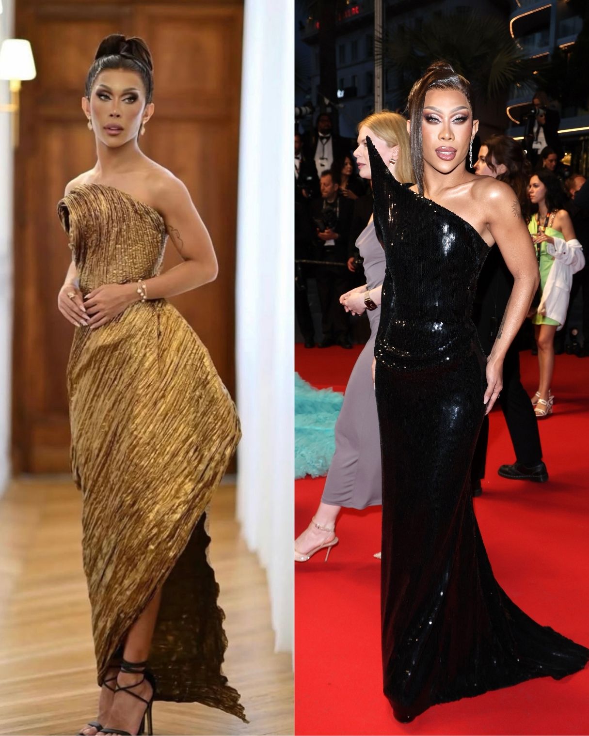 Marina Summers wears an archival Rajo Laurel ‘Chrysalis’ gown to the 2025 Cannes Film Festival (Photo: Instagram / @rajolaurel) / Marina Summers wears a black Mark Bumgarner gown to the "Sirât" red carpet at the 78th annual Cannes Film Festival (Photo: Ernesto Ruscio/Getty Images)