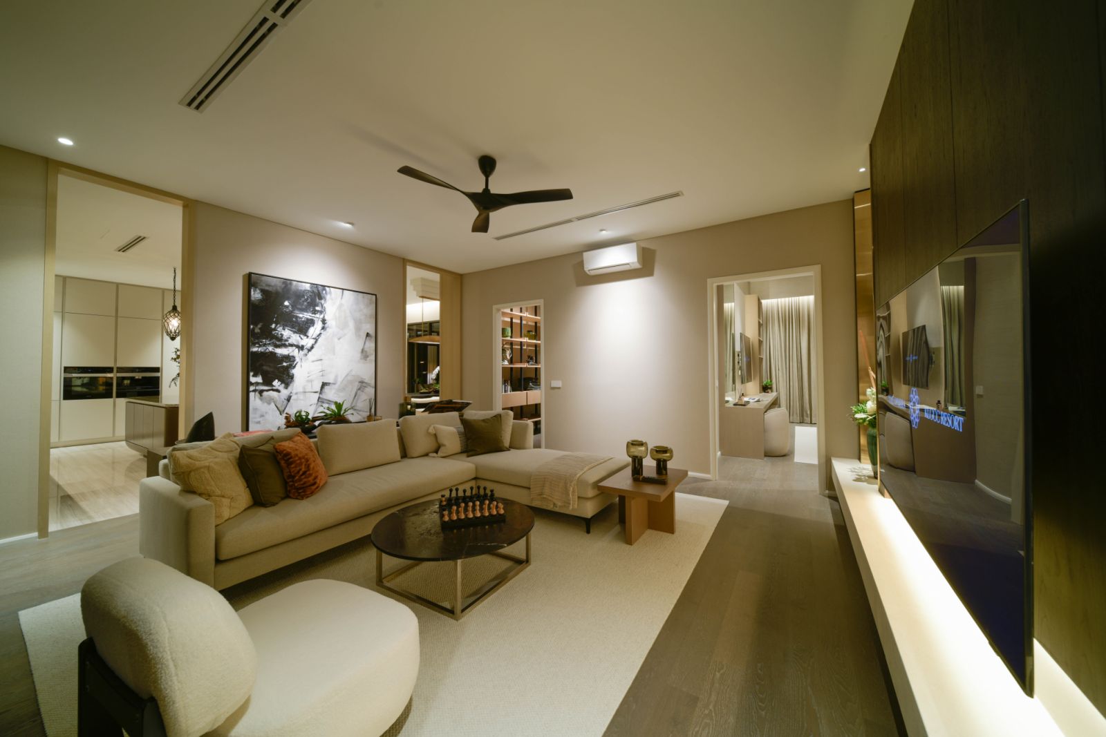 Muted tones and tailored furnishings provide a sense of understated sophistication