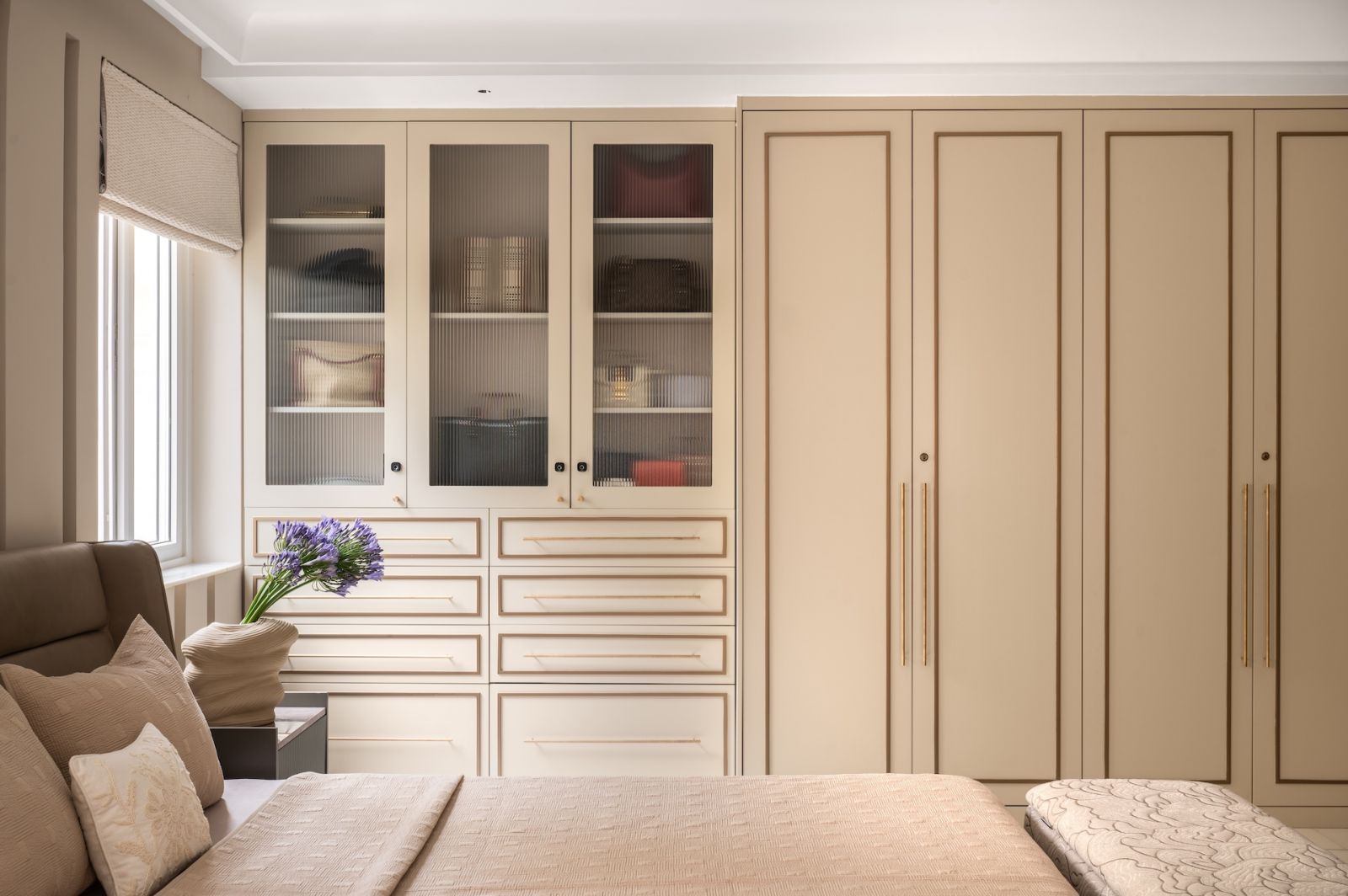 The primary bedroom of a home in Bengaluru, India, designed by Studio GSA